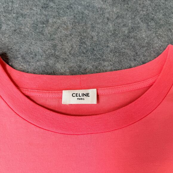 Celine Logo Short Sleeve 100% Cotton Tee Shirt Flamingo Pink & White Size Small - Picture 5 of 8